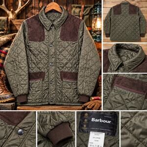 Vintage Barbour D8 Keeperwear Quilted Hunting Jacket Mens XL Leather Trim 2004